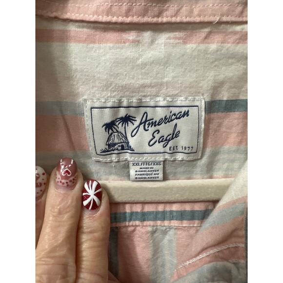 American Eagle XXL Men’s Beach/Paradise Striped Cotton Short Sleeve Shirt - Picture 2 of 7